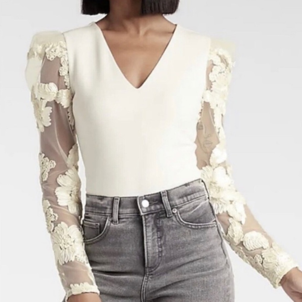 Express Ivory Bodysuit with Lace Floral Sleeves - Picture 2 of 8